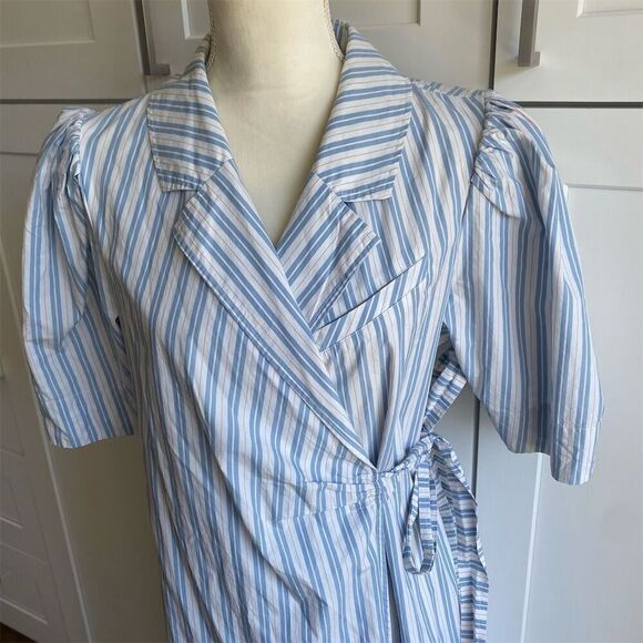 Ganni Women's Striped Draped Wrap Midi Dress Blue Size 42 Casual - Picture 7 of 11